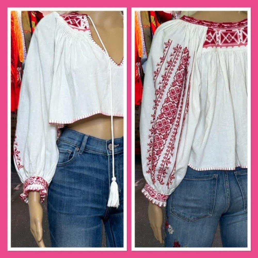 FREE PEOPLE Embroidered Boho Indie Crop Top Long Sleeve Ethnic Blouse Rare XS